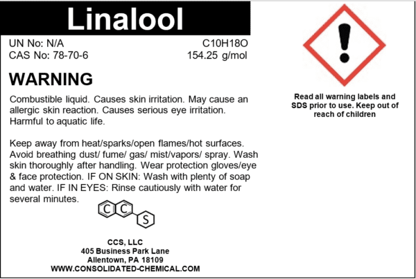 Linalool safety information and warning label.