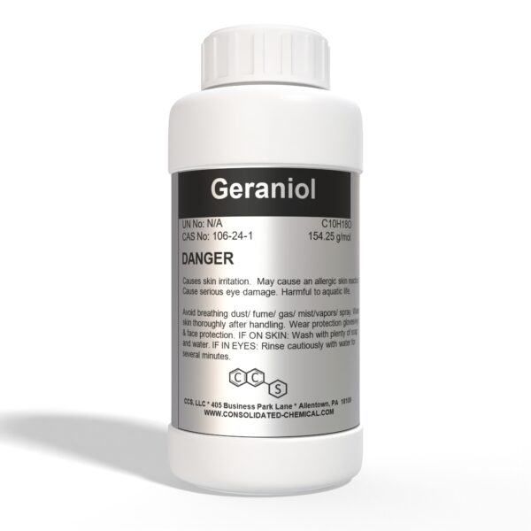 Geraniol chemical bottle, danger, skin irritant.