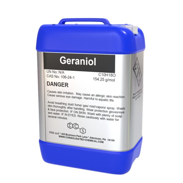 Blue plastic container of geraniol chemical.