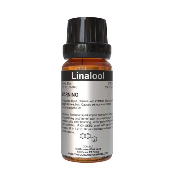 Bottle labeled "Linalool" with warning instructions.