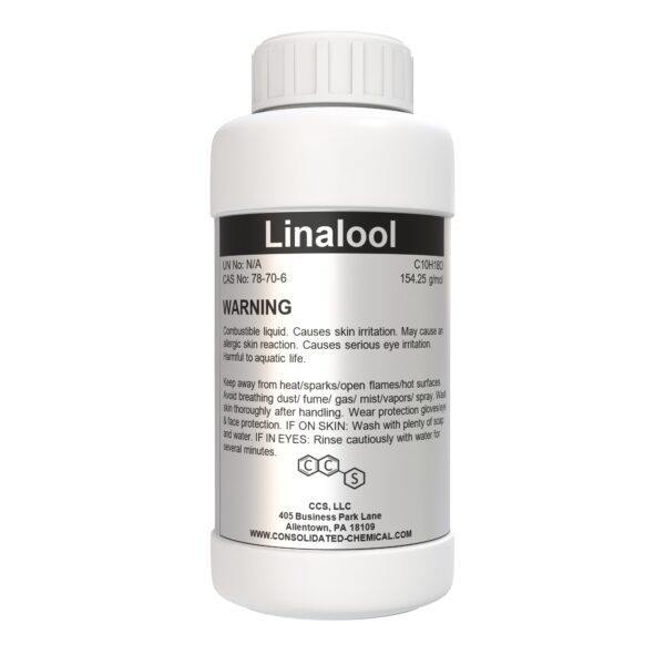 Linalool safety warning label on container.