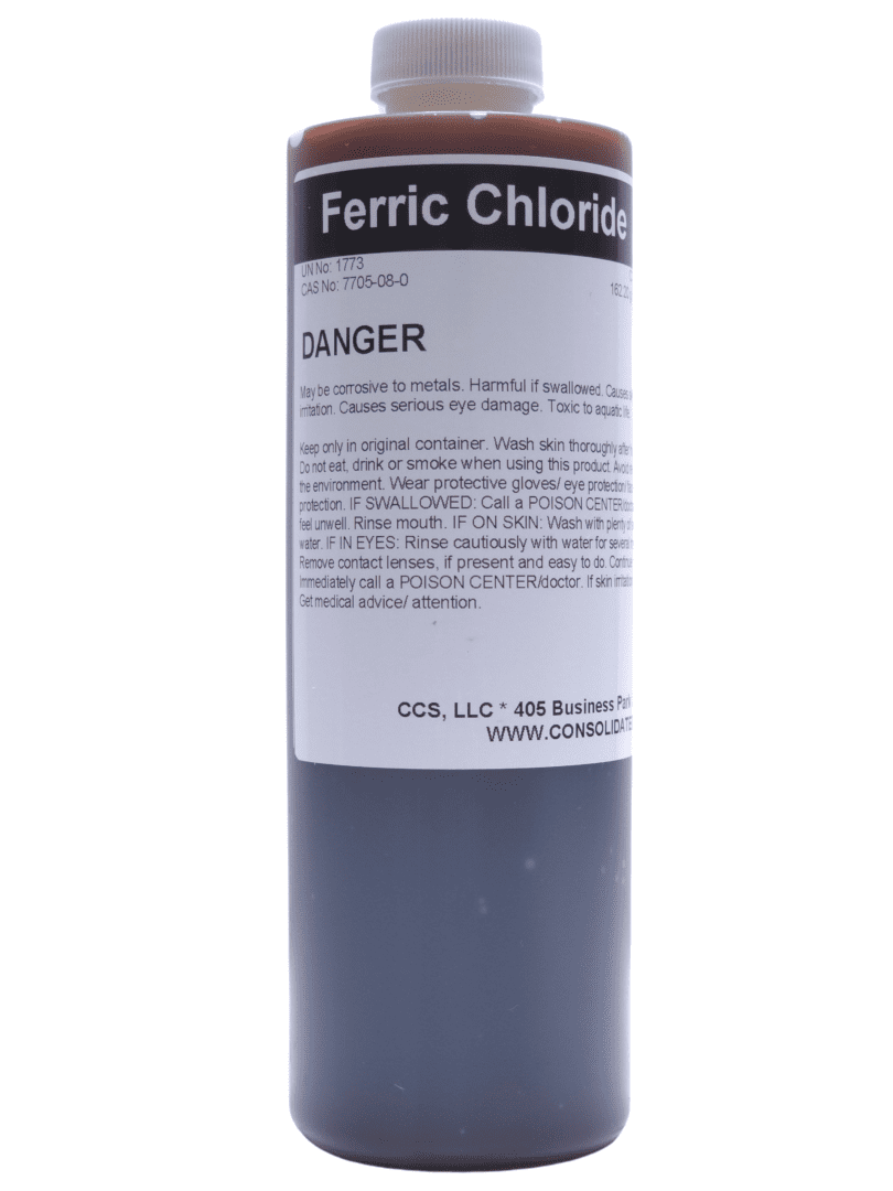 Ferric Chloride, brown liquid in bottle.