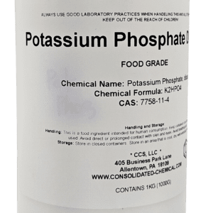 A white container with black text containing Potassium Phosphate, Dibasic Food Grade 1Kg.