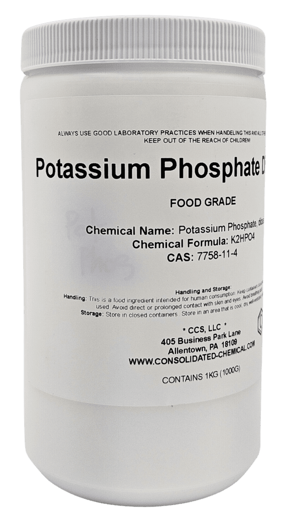 A white container with black text containing Potassium Phosphate, Dibasic Food Grade 1Kg.