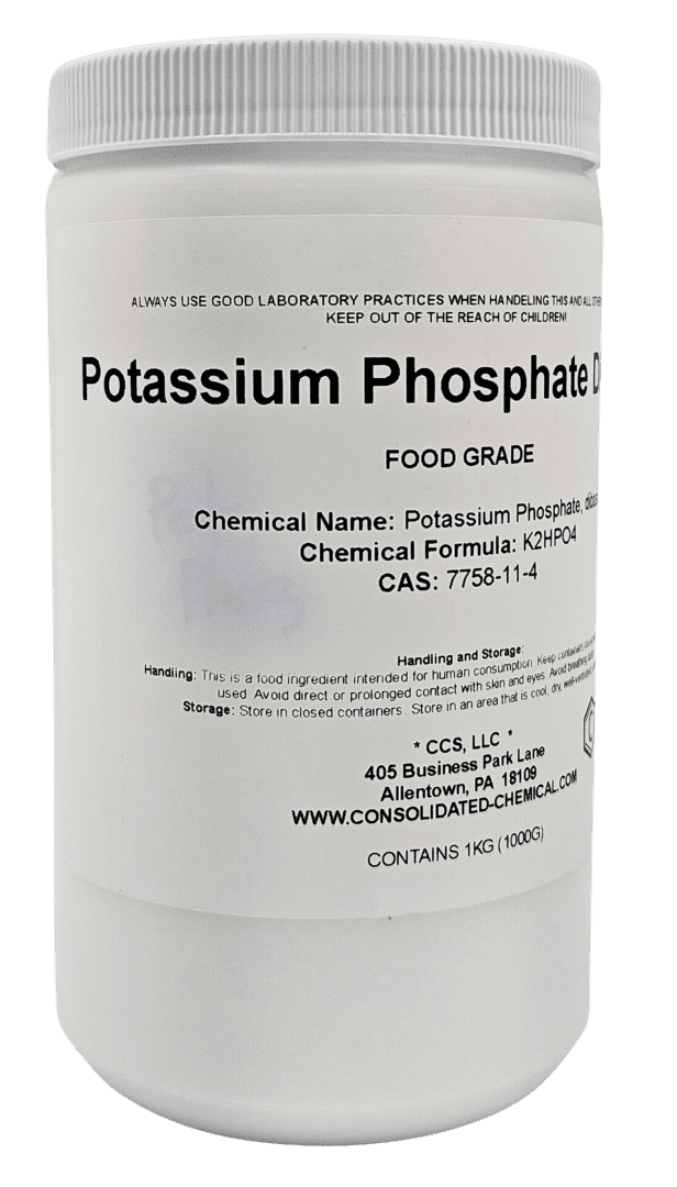 A white container with black text containing Potassium Phosphate, Dibasic Food Grade 1Kg.