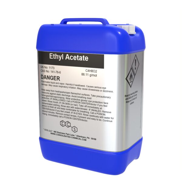 Blue container of Ethyl Acetate, danger.