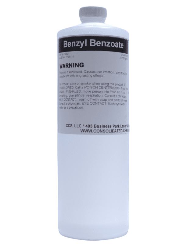 White bottle of Benzyl Benzoate.