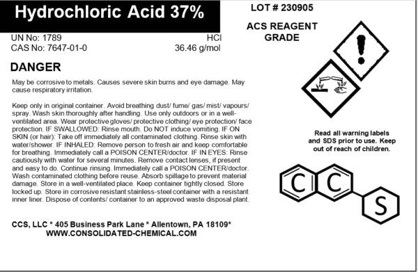 Hydrochloric acid, corrosive, danger, warning label.