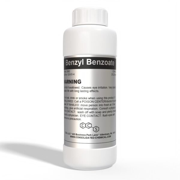 White bottle of Benzyl Benzoate warning label.