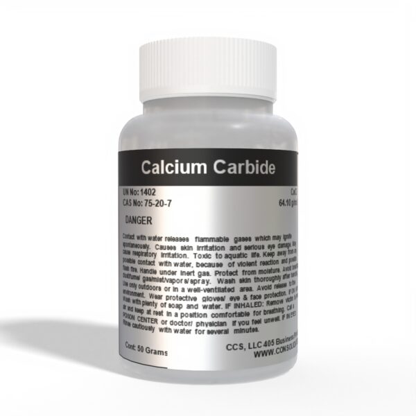 Calcium carbide, dangerous, flammable, 50 grams.