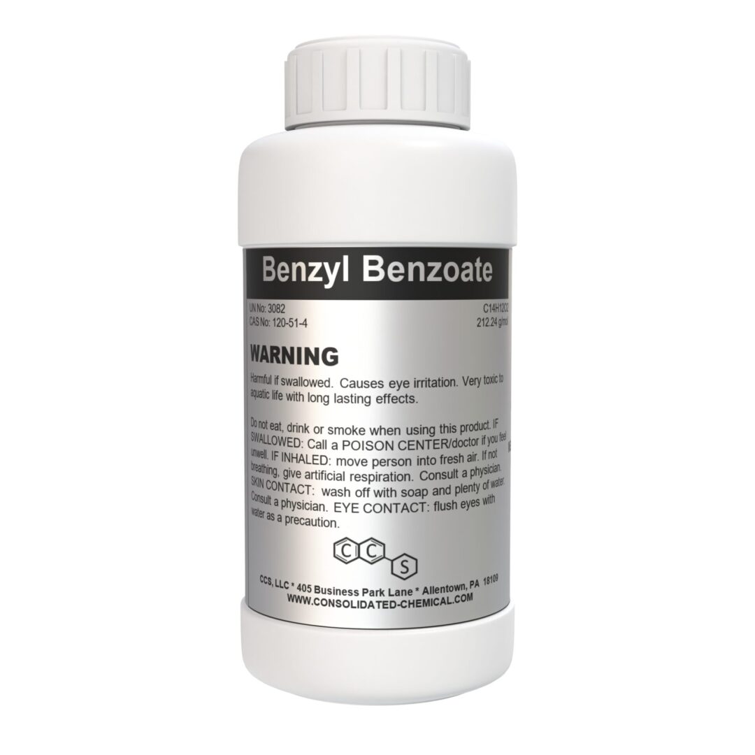 Benzyl Benzoate chemical bottle warning label.