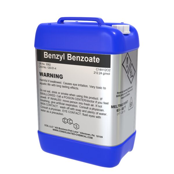 Blue container of Benzyl Benzoate chemical.