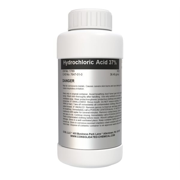 Hydrochloric acid, 37%, chemical bottle.