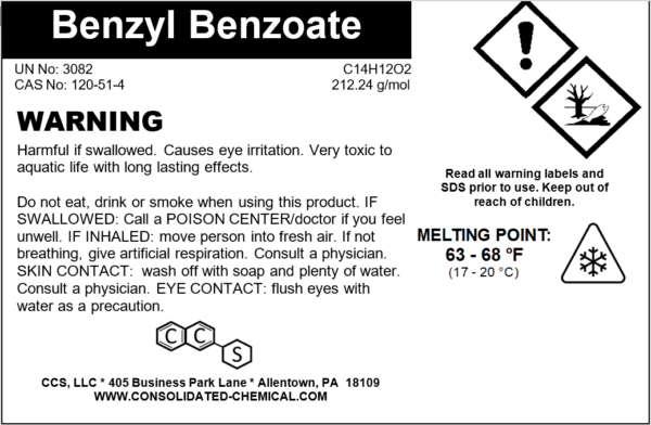 Benzyl Benzoate warning label with safety information.