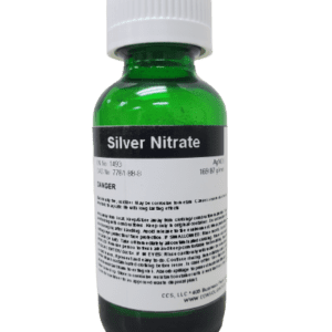 A container of Silver Nitrate 10g Glass Bottle High Purity on a white background.