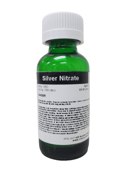 A container of Silver Nitrate 10g Glass Bottle High Purity on a white background.