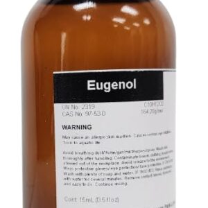 A brown bottle infused with Eugenol High Purity Aroma Compound, capped with a black lid.