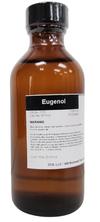 A brown bottle infused with Eugenol High Purity Aroma Compound, capped with a black lid.