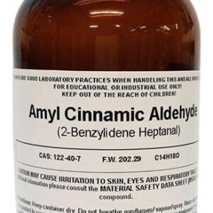 Brown glass bottle of amyl cinnamic aldehyde.