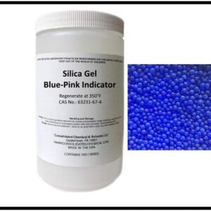 Blue-pink silica gel indicator beads.