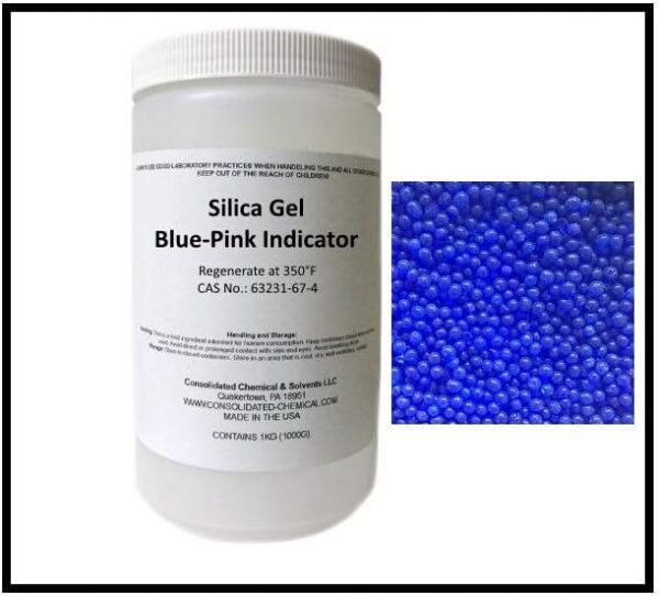 Blue-pink silica gel indicator beads.