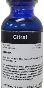 Blue bottle labeled "Citral" with warning label.