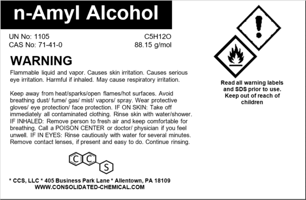 N-Amyl Alcohol warning label, flammable.