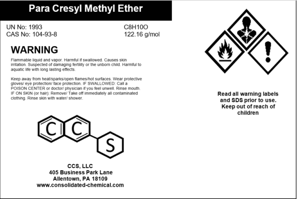 Label for Para Cresyl Methyl Ether safety instructions.