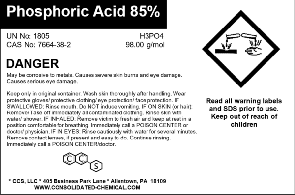 Phosphoric acid 85% warning label.