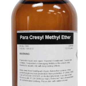 A brown bottle labeled Para Cresyl Methyl Ether HP Fragrance/Aroma Compound.