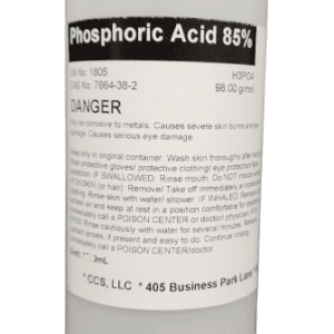 A white bottle with a label containing Phosphoric Acid 85% High Purity.