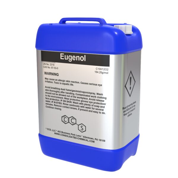 Blue plastic container of Eugenol chemical.