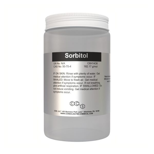 Clear container labeled "Sorbitol" with safety instructions.