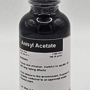 A bottle of black liquid with a hint of Anisyl Acetate High Purity Fragrance/Aroma Compound 30mL.