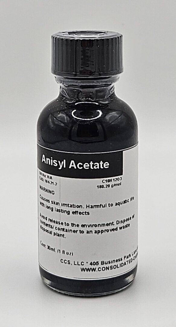 A bottle of black liquid with a hint of Anisyl Acetate High Purity Fragrance/Aroma Compound 30mL.