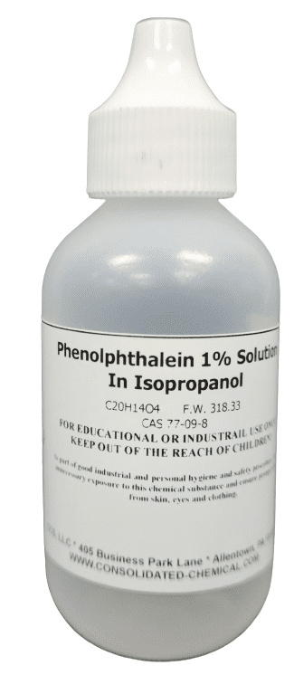 A bottle of phosphine solution containing Phenolphthalein Indicator in Isopropanol - Dropper Bottle on a white background.