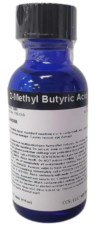 Blue bottle of 2-methyl butyric acid.