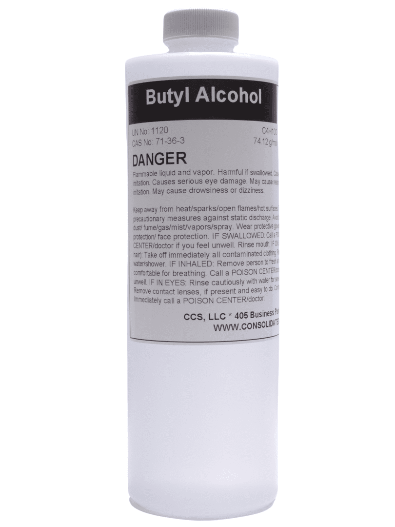 A bottle of Butyl Alcohol with danger warning.