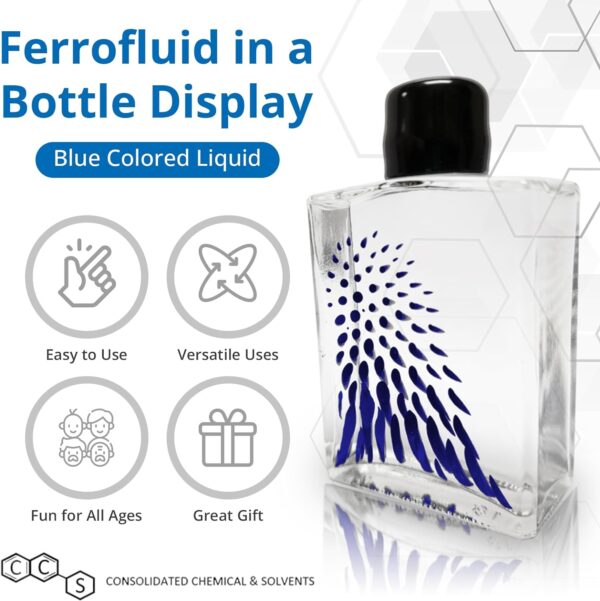 Blue ferrofluid in a glass bottle.