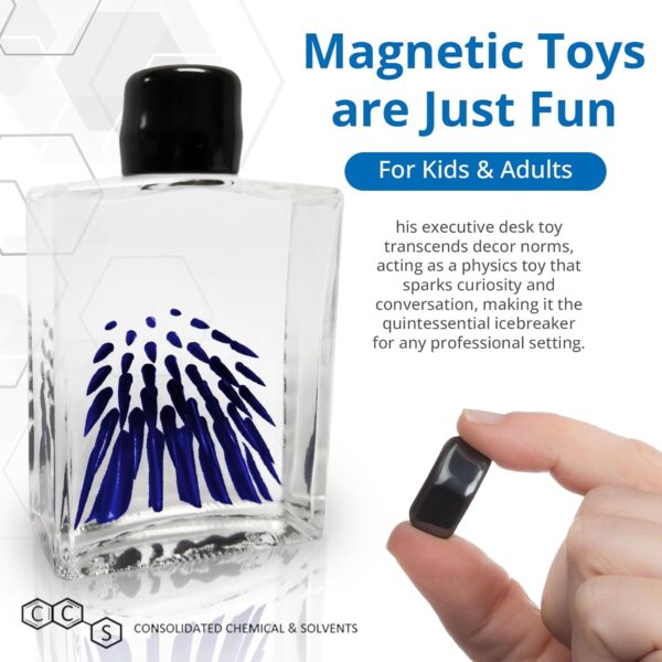 Magnetic toy in glass bottle with hand holding a magnet.