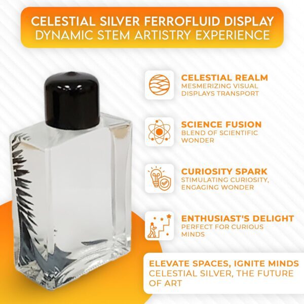 Silver ferrofluid in glass bottle.