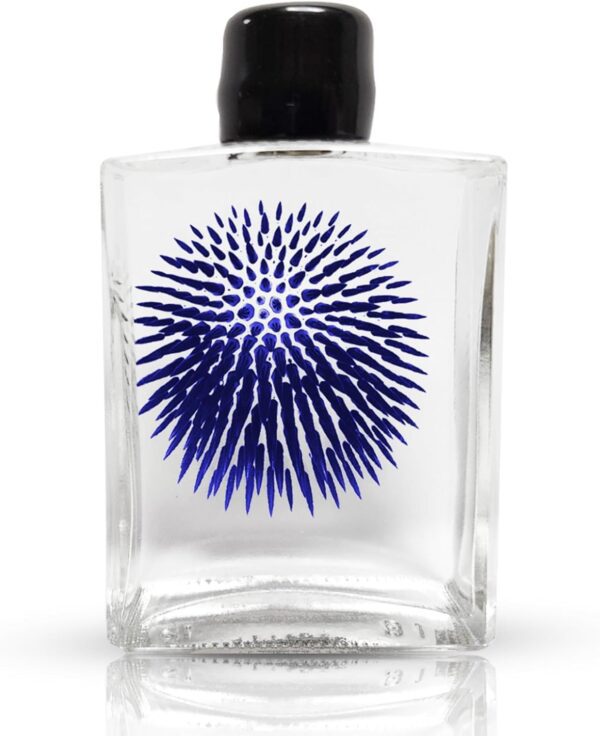 Glass bottle with blue starburst design.