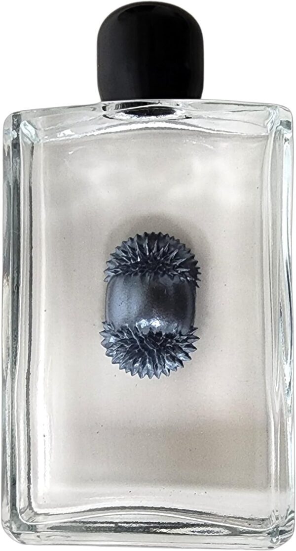 A glass bottle with a ferrofluid inside.