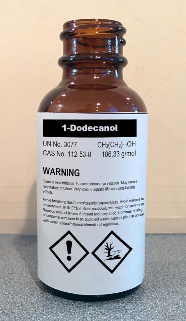 Brown bottle of 1-Dodecanol chemical.