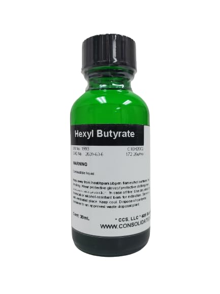 Green bottle of Hexyl Butyrate chemical.