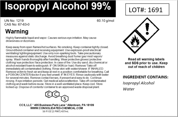 Isopropyl Alcohol 99% warning label.