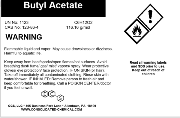 Label for Butyl Acetate with safety warnings.