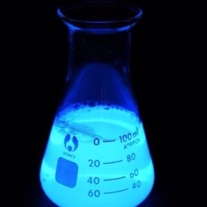 A blue glowing beaker with markings.