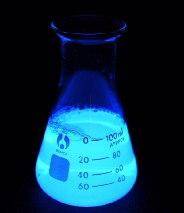 A blue glowing beaker with markings.