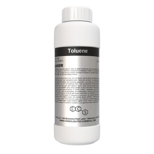 White bottle labeled Toluene with danger warning.